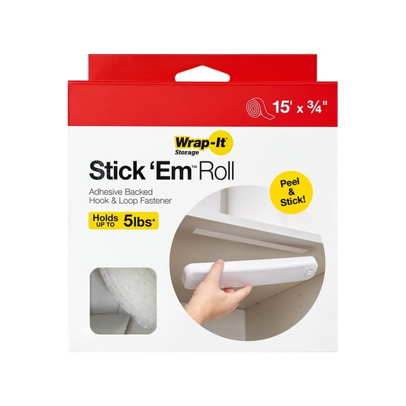 Wrap-It Storage Stick 'Em Roll - 15' x 3/4" - Self-Adhesive Hook and Loop Tape, Cut-to-Length Wall Hanging Strips and Fasteners - White