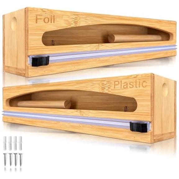 Wrap Organizer Dispenser with Cutter, (2 Piece Set), Fits 12" Rolls, Plastic Wrap, Aluminum Foil, Wax Paper, Saran Wrap, Cling Wrap Holder for Kitchen Storage, Mountable, Bamboo$$