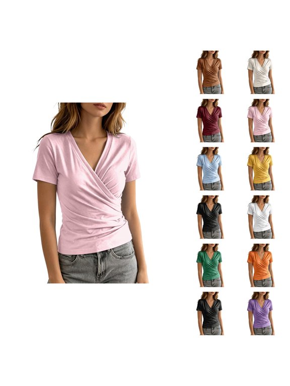 Wrap Shirts for Women Short Sleeve V Neck Dressy Casual Blouse Office Work Shirt Summer Going out Tops