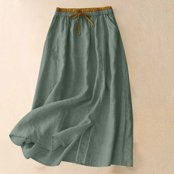 Wrap Skirts for Women Women's Loose Elastic Waist Cotton Linen Skirts Embroidery Floral A-Line Flowy Summer Casual Skirt Green M