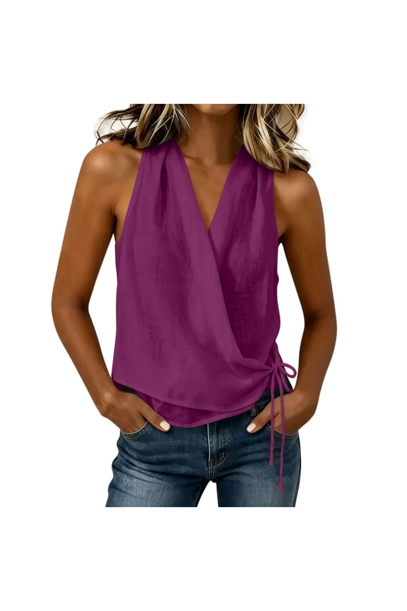 Wrap Tops for Women Summer Side Tie Gauze Tank Top V Neck Sleeveless Plus Size Tank Shirts Casual Summer Vacation Loose Fit Blouses Asymmetrical Ruched Vest Tops