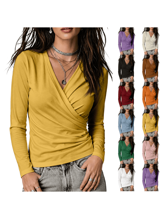 Wrap Tops for Women Long Sleeve V Neck Shirts Ruched Slim Fit Pleated Dressy Crossover