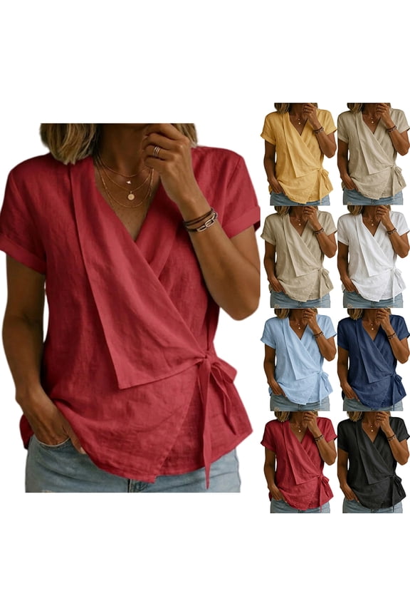 Wrap Tops for Women Short Sleeve Workout 2025 Office Dressy Lapel Neck Ruched Tie Asymmetrical Elegant Peplum Top Blouse White M