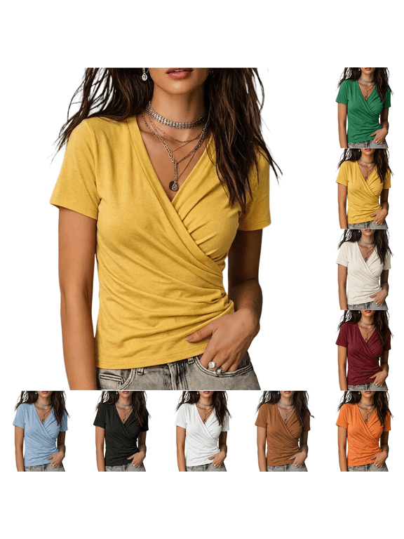 Wrap Tops for Women Summer V Neck Short Sleeve Ruched Top Solid Casual Trendy Cinched Waist Going Out Blouses