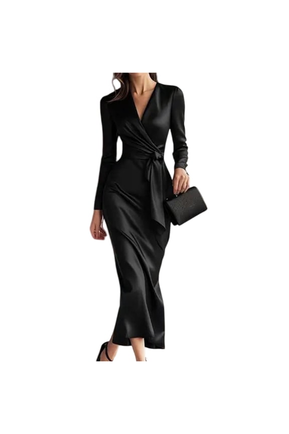 Wrap V-Neck Cocktail Dress, Flowy Chiffon with Tie Waist, Elegant Evening Dress for Semi-Formal Events, Anniversary Dinner & Date Night Black L