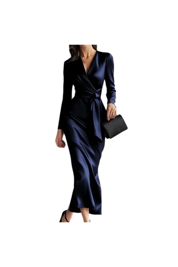 Wrap V-Neck Cocktail Dress, Flowy Chiffon with Tie Waist, Elegant Evening Dress for Semi-Formal Events, Anniversary Dinner & Date Night Navy S