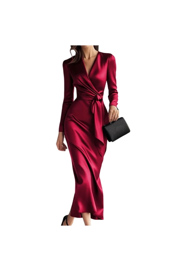 Wrap V-Neck Cocktail Dress, Flowy Chiffon with Tie Waist, Elegant Evening Dress for Semi-Formal Events, Anniversary Dinner & Date Night Red L