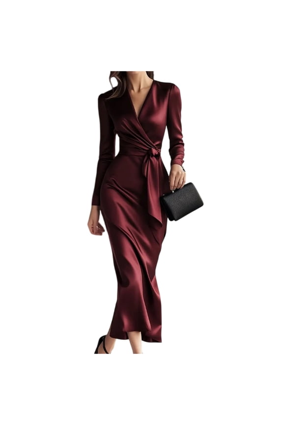 Wrap V-Neck Cocktail Dress, Flowy Chiffon with Tie Waist, Elegant Evening Dress for Semi-Formal Events, Anniversary Dinner & Date Night Wine XL