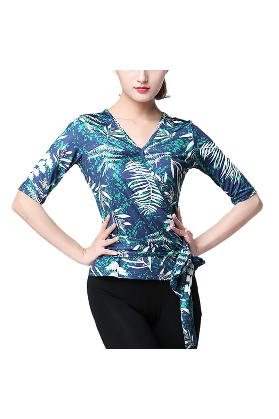 Wrap V-Neck Floral Printed Sleeve Shirt Tops Dance Tops