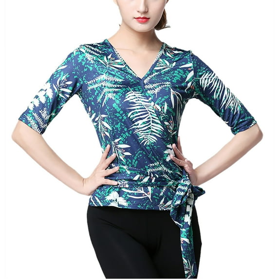Wrap V-Neck Floral Printed Sleeve Shirt Tops Dance Tops