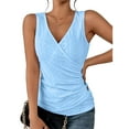 thumbnail image 1 of Wrap V Neck Ruched Tank Top Women Plain Color Waist Gathered Eyelet Hollow Button Decor Sleeveless Shirt Blue XL, 1 of 4