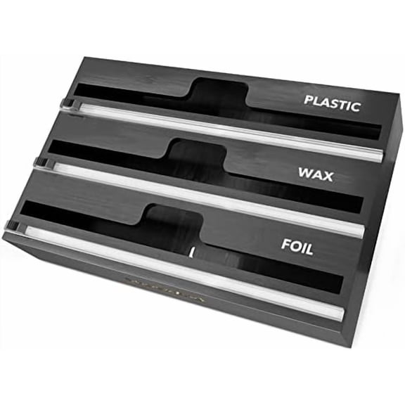 WrapNeat 3 in 1 Wrap Organizer with Cutter and Labels, Plastic Wrap, Aluminum Foil and Wax Bamboo Dispenser for Kitchen Storage Organization Holder for 12" Roll (Black)