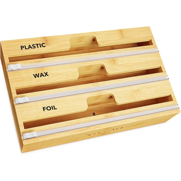 WrapNeat 3 in 1 Wrap Organizer with Cutter and Labels, Plastic Wrap, Aluminum Foil and Wax Bamboo Dispenser for Kitchen Storage Organization Holder for 12" Roll (Natural, 3-Slot)