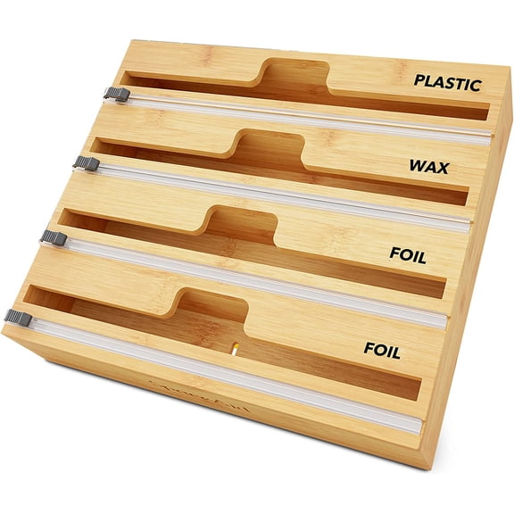 WrapNeat 4 in 1 Wrap Dispenser with Cutter and Labels, Plastic Wrap, Aluminum Foil and Wax Paper Dispenser for Kitchen Drawer, Bamboo Roll Organizer Holder, Compatible with 12" Roll
