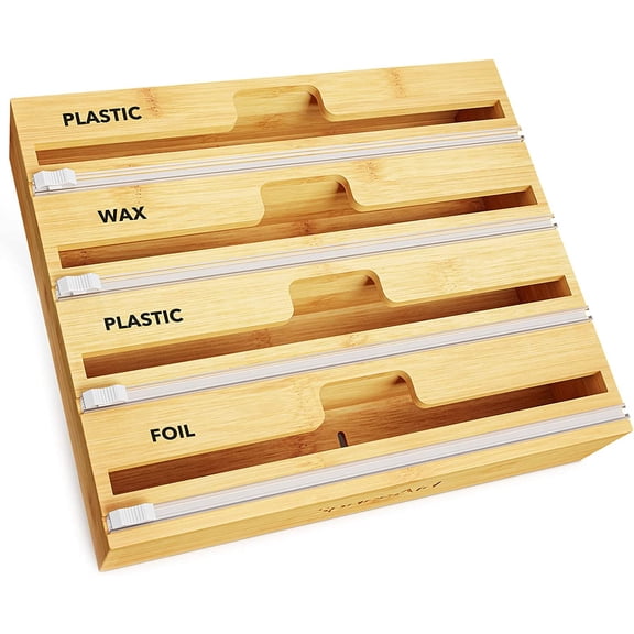 WrapNeat 4 in 1 Wrap Organizer with Cutter and Labels, Plastic Wrap, Aluminum Foil and Wax Bamboo Dispenser for Kitchen Storage Organization Holder for 12" Roll (Natural, 4-Slot)
