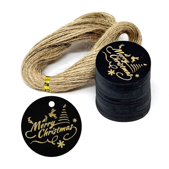 Wrapables 1.75 Inch Round Circle Gold Foil Christmas Holiday Gift Tags / Kraft Paper Hang Tags for Gift-Wrapping, Package Decoration with Jute String (100pcs), Black
