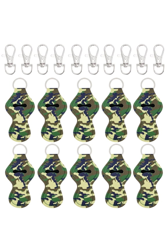 10 Pack Chapstick Holder Keychain, Keyring for Lip Balm Lip Gloss Lipstick with 10 Pieces Metal Keyring Clasps, Camouflage