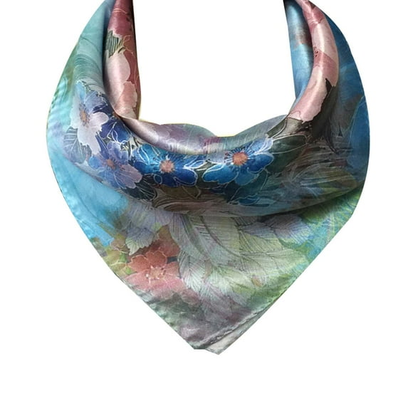 Wrapables® 100% Charmeuse Silk Square Scarf Neckerchief, Pink Flowers on Sky Blue