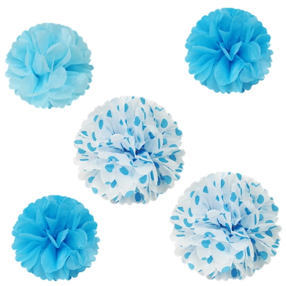 Wrapables 12" & 8" Set of 5 Tissue Pom Poms Party Decorations for Weddings, Birthday Parties Baby Showers and Nursery Décor, Blue & Polka Dots