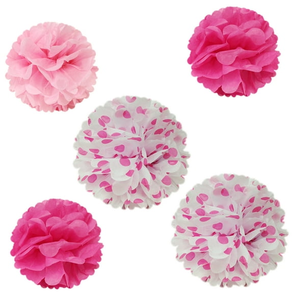 Wrapables 12" & 8" Set of 5 Tissue Pom Poms Party Decorations for Weddings, Birthday Parties Baby Showers and Nursery Décor, Hot Pink & Polka Dots