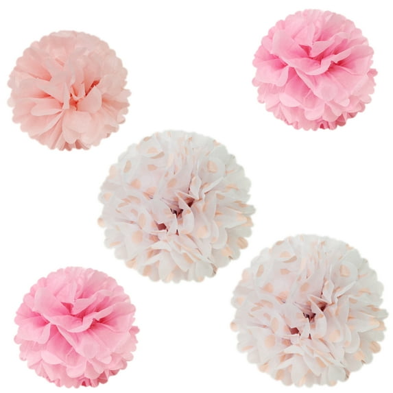 Wrapables 12" & 8" Set of 5 Tissue Pom Poms Party Decorations for Weddings, Birthday Parties Baby Showers and Nursery Décor, Pink & Polka Dots