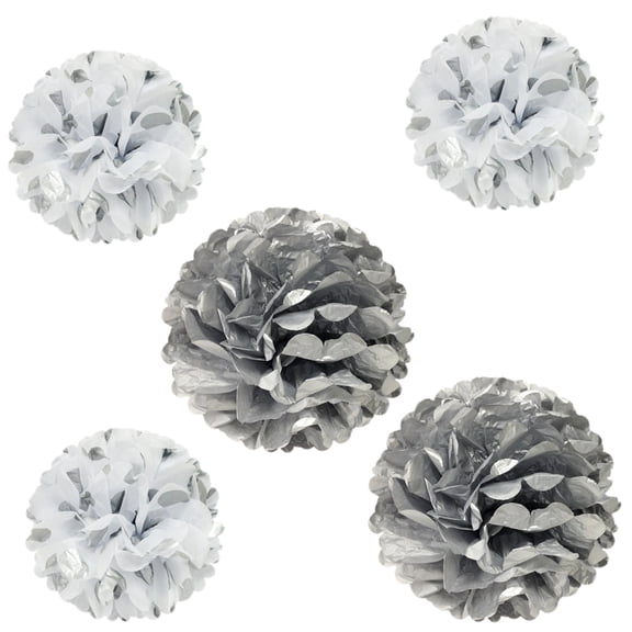 Wrapables 12" & 8" Set of 5 Tissue Pom Poms Party Decorations for Weddings, Birthday Parties Baby Showers and Nursery Décor, Silver & Polka Dots