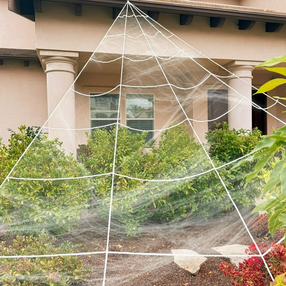 Wrapables 16ft Giant Triangular Spider Web Kit with Cobwebs and 2 Small Spiders, Indoor Outdoor Haunted House Halloween Decor