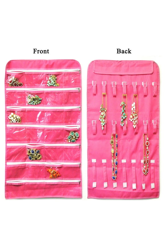 ® 28 Zippered Pockets Hanging Jewelry Organizer with 21 Holding Loops, Pink