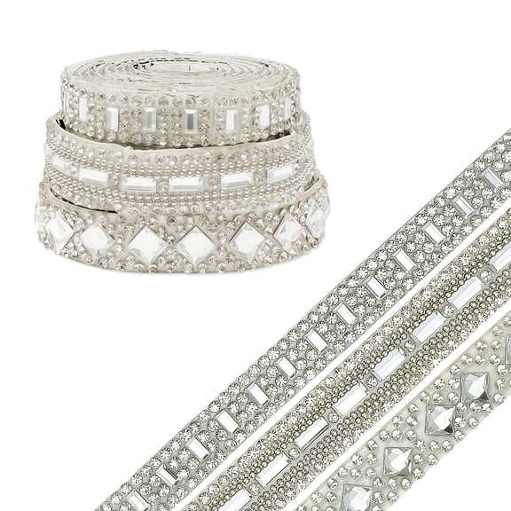 Wrapables 3 Yards Self Adhesive Crystal Rhinestone Ribbons, Diamond Bling Tape Strips Trim for DIY Crafts Wedding Party Decoration (3 Rolls), Silver