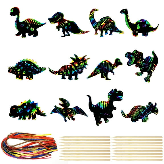 Wrapables 36pc Rainbow Scratch Arts Ornaments, DIY Magic Scratch Arts and Crafts, Dinosaurs