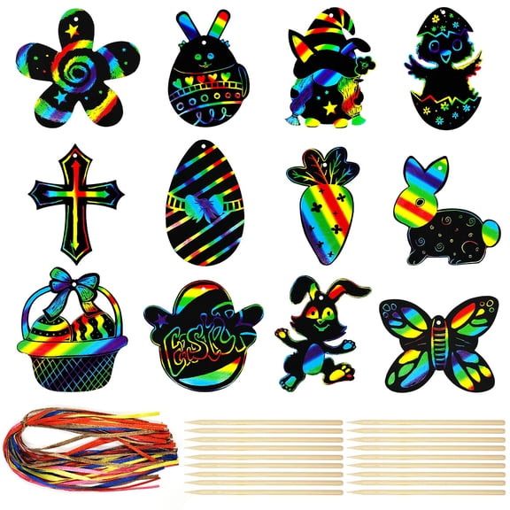 Wrapables 36pc Rainbow Scratch Arts Ornaments, DIY Magic Scratch Arts and Crafts, Easter