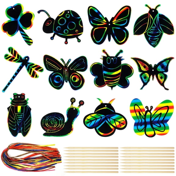 Wrapables 36pc Rainbow Scratch Arts Ornaments, DIY Magic Scratch Arts and Crafts, Insects
