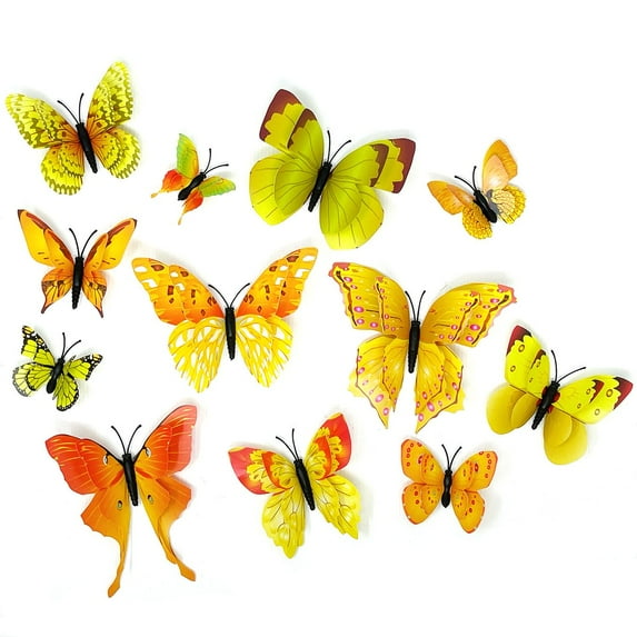 Wrapables 3D Double Wings Butterfly Decorative Wall Decor Stickers, Decals for Bedroom (24 pcs), Yellow