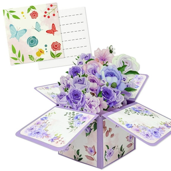 Wrapables 3D Pop Up Floral Greeting Card, Flower Bouquet Card for Mother's Day, Birthday, Anniversary, All Occasions, Purple Bouquet
