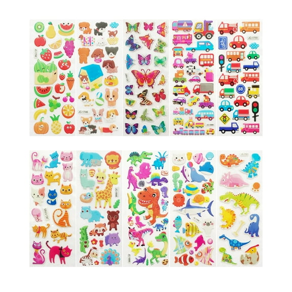 Wrapables 3D Puffy Stickers Bubble Stickers for Crafts & Scrapbooking (10 Sheets), Marine, Safari, Farm, Traffic
