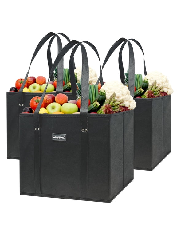 3Pk Reusable Grocery Bags, Heavy Duty Large Foldable Storage Shopping Totes with Reinforced Handles, Black