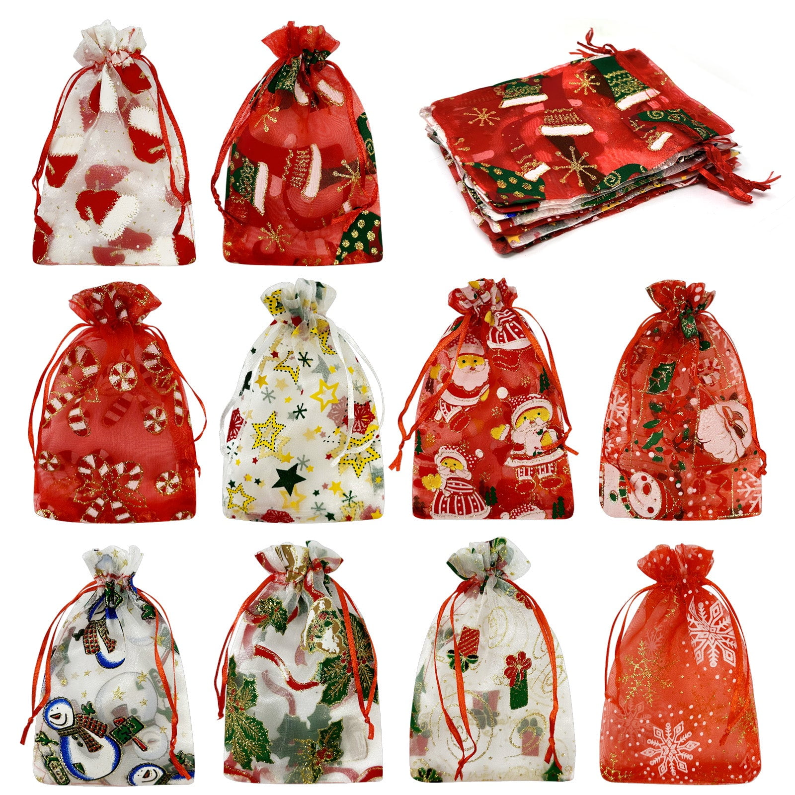 Wrapables x Christmas Organza Drawstring Gift Bags, Xmas
