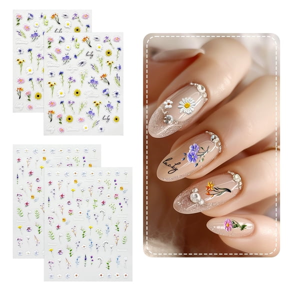 Wrapables 5D Embossed Colorful Flowers Nail Art Decal Stickers, Self Adhesive 3D Floral Design (Set of 4), Summer Floral