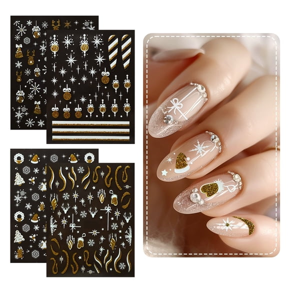 Wrapables 5D Embossed Festive Holiday Nail Art Decal Stickers, Self Adhesive Xmas Design (Set of 4), Winter Magic