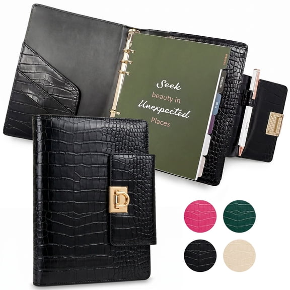 Wrapables A5 PU Leather Croc-Embossed Planner and Journal Clutch, Refillable 6-Ring Binder with Pen Holder for Work and Organization, Classic Noir