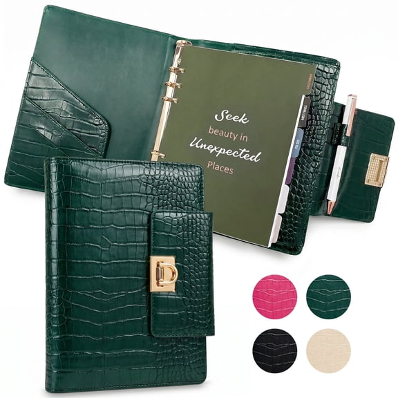 Wrapables A5 PU Leather Croc-Embossed Planner and Journal Clutch, Refillable 6-Ring Binder with Pen Holder for Work and Organization, Emerald Luxe