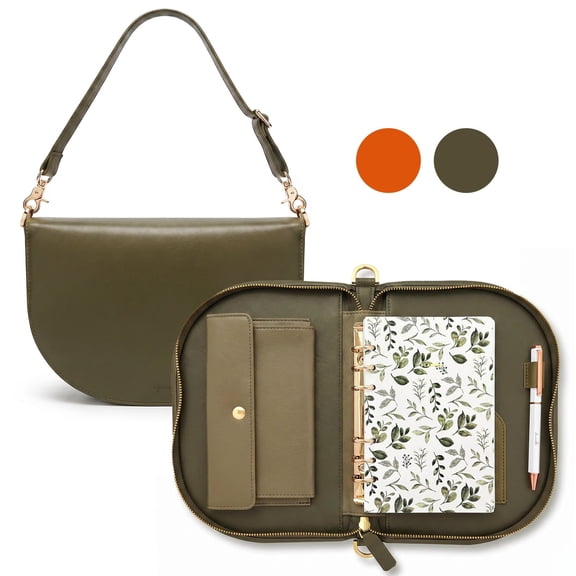 Wrapables A6 PU Leather Shoulder Planner and Journal Bag, Refillable 6-Ring Binder with Pen Holder for Work and Organization, Sage Green
