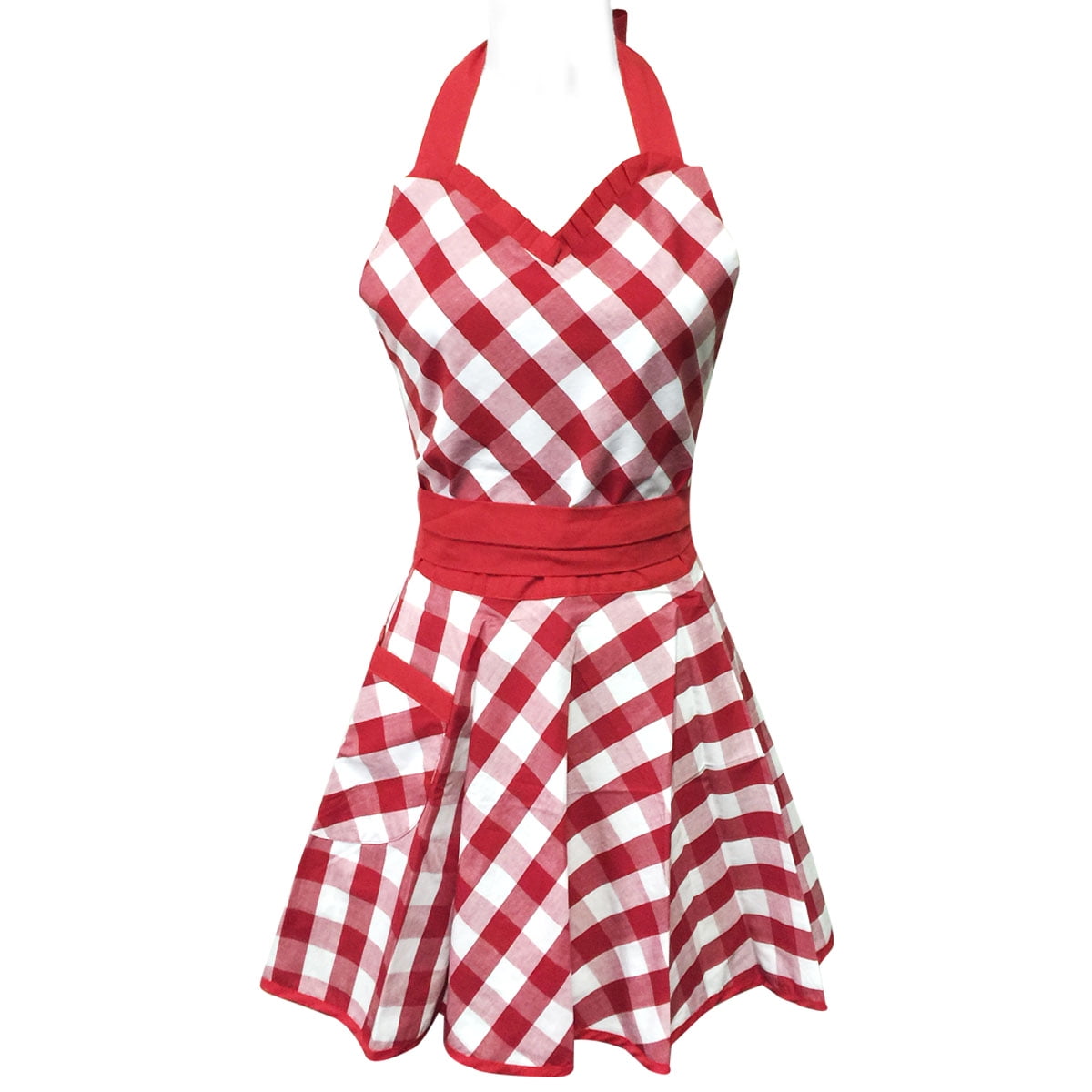 Red Gingham Cotton Women's Hostess Apron with Side Pocket