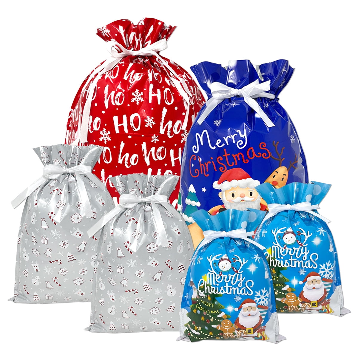 Blue and Silver Christmas Drawstring Gift Bags Set of 6