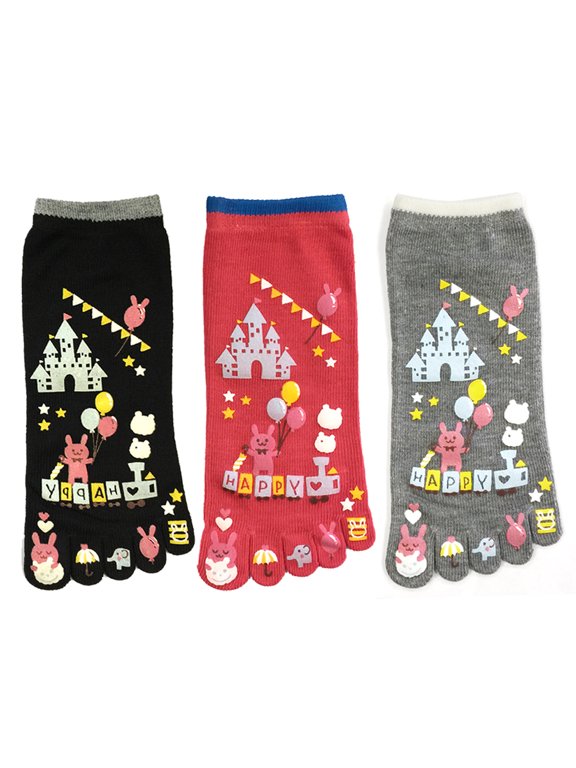 ® Amusement Park Five Finger Cartoon Socks Five Toe Socks Set of 3, Black/Red/Grey