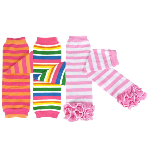 Wrapables® Baby 3-Pair Leg Warmers O/S Stripes in Orange & Pink, Rainbow, Pink Ruffle
