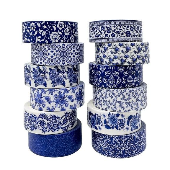 Wrapables Blue and White Porcelain Vintage Floral Chinoiserie Washi Tape Set for DIY, Arts and Crafts, Scrapbooking, Journals, Gift Wrapping (12 Rolls)