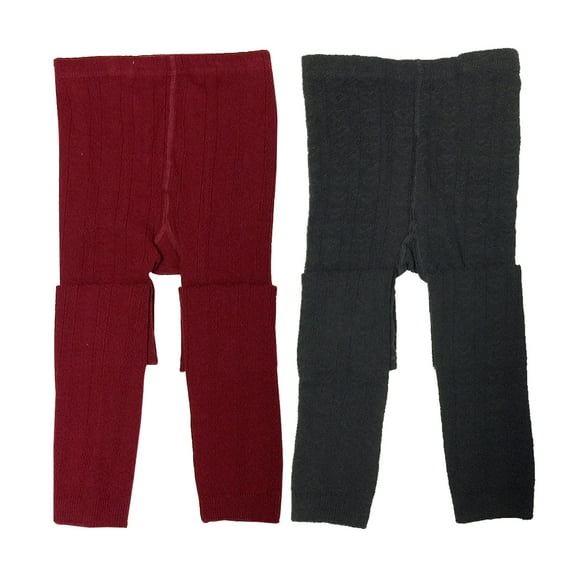 Wrapables® Burgundy and Black Cotton Heart Knit Leggings for Toddlers (Set of 2), 3-4 Years