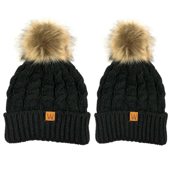 Wrapables® Cable Knit Faux Fur Pom Pom Beanie, Mommy & Me Set Black