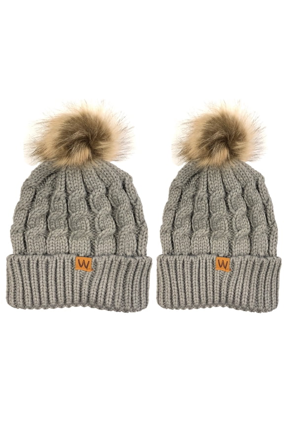 ® Cable Knit Faux Fur Pom Pom Beanie, Mommy & Me Set Gray